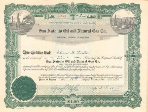 San Antonio Oil and Natural Gas Co. - 1923 Dated Texas Oil Stock Certificate